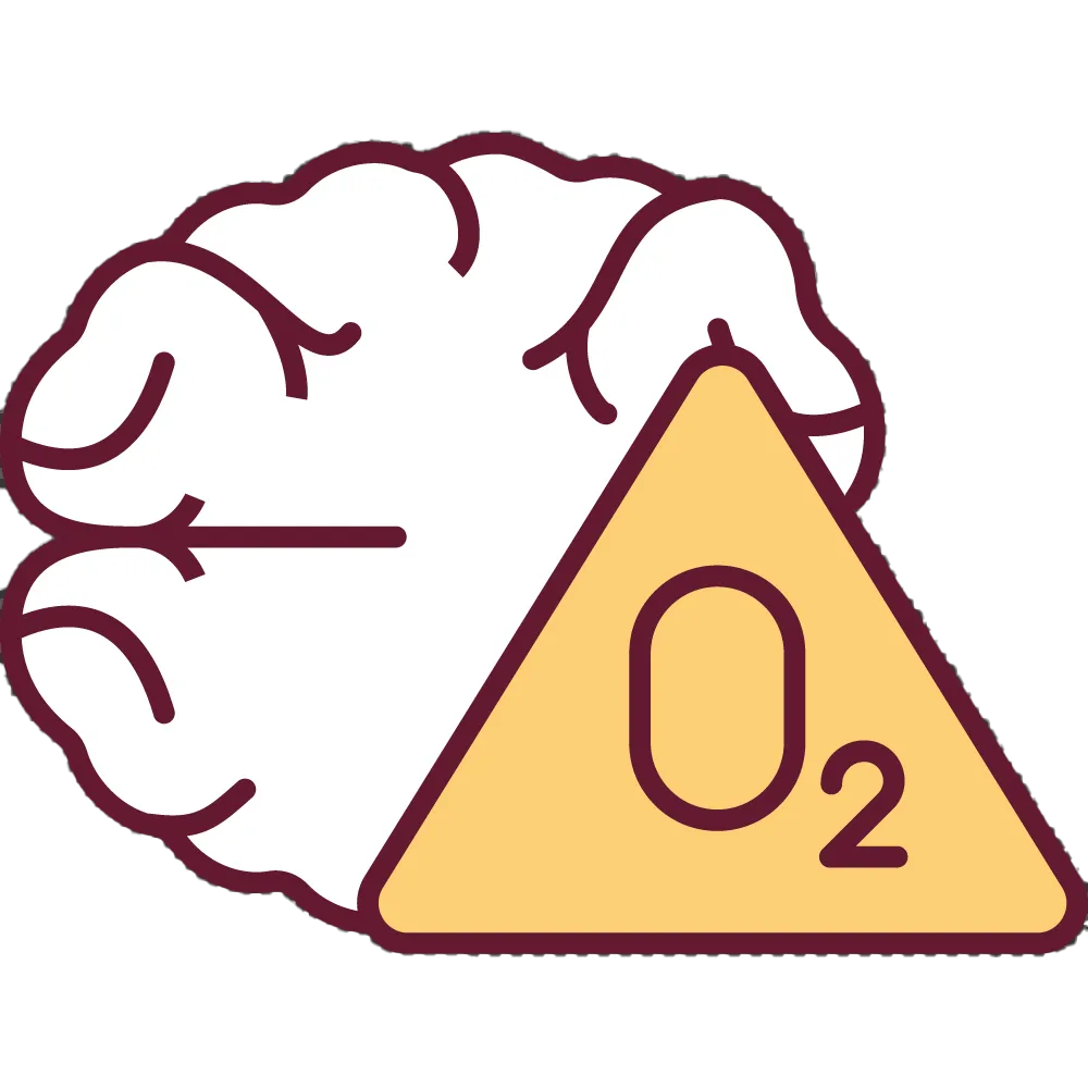 A stylized representation of a brain with a warning sign indicating a lack of oxygen